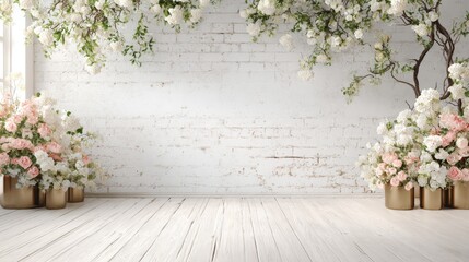 Fototapeta premium Soft pastel flowers create a serene backdrop in a bright space perfect for celebrations.