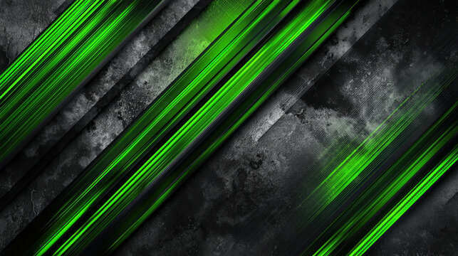 Futuristic industrial banner with neon green steel bars and smoky concrete texture