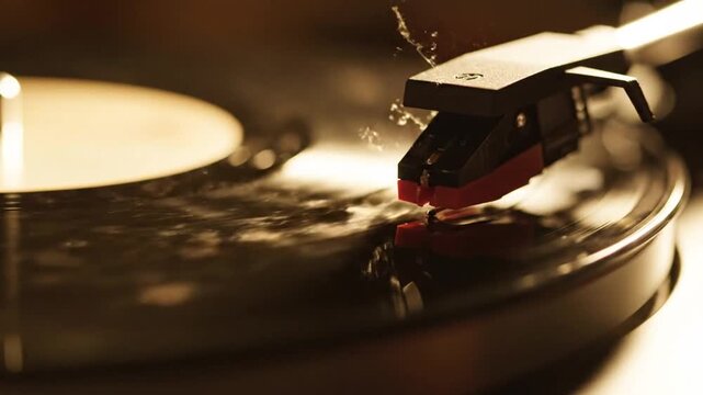 Close up of a vintage record player needle on a spinning vinyl disc.