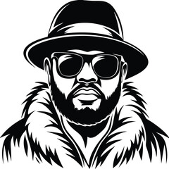 Black and white portrait depicts an African American man with a fur coat and fedora