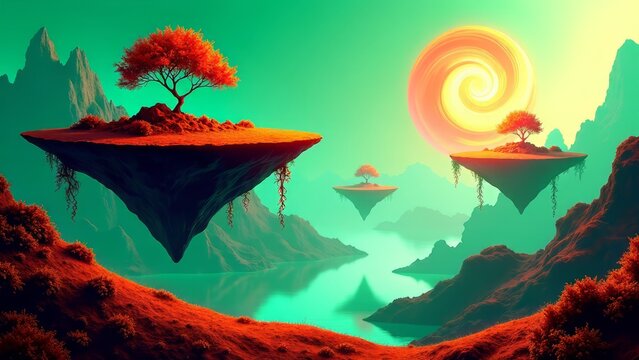 Surreal landscape with floating islands and swirling sun