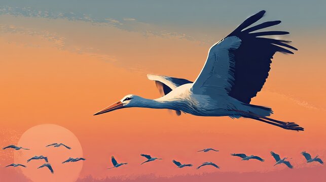 Vector illustration of a stork flying in a dawn or dusk sky. The graphic also depicts a flock of storks in flight. 