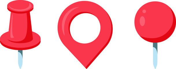 Red pin, map markers showcasing location, navigation, and identification uses. Vector illustration. Perfect for GPS