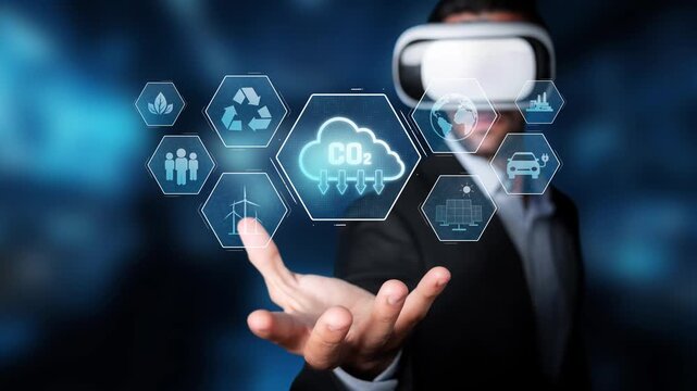 A person using virtual reality technology explores digital concepts related to climate change and sustainability, illustrating the importance of innovative solutions for a better future. Raster