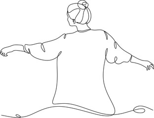 Continuous line drawing of a woman with outstretched arms. Vector illustration drawn by hand without artificial intelligence.