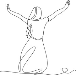 Continuous line drawing of a woman with outstretched arms. Vector illustration drawn by hand without artificial intelligence.
