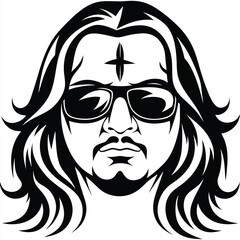 Contemplative man with sunglasses and long hair showcases his bindi in black silhouette