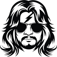 Bearded man with long hair wearing sunglasses has a lightning bolt on forehead