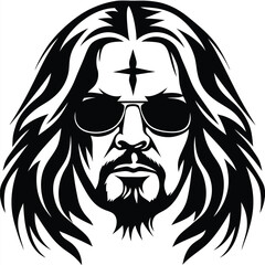 Black silhouette of a man with long hair and sunglasses looks forward intensely