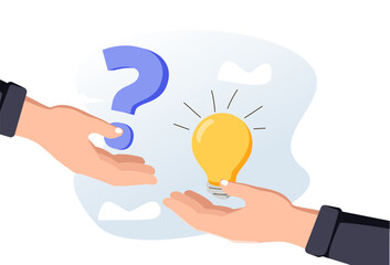 Problem solving vector illustration. Two hands hold lightbulb and question mark. Business solution. Creative mind