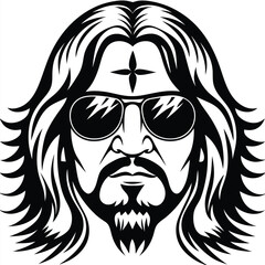head features sunglasses, long hair, goatee, and a stylized cross above the glasses