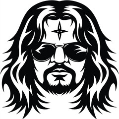 Bearded man with sunglasses and a star on his forehead looks cool