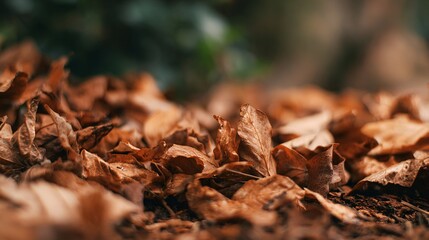 A pile of dry leaves creating organic texture, shallow depth of field