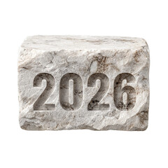 Marble stone "2026" carved block. Isolated white background. Png format