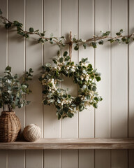 Elegant holiday interior with garland and wreath on white paneled wall
