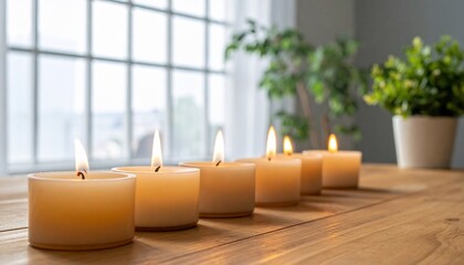 A serene display of lit candles on a wooden table near a window and plants creating calm