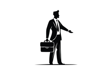 Dynamic Businessman Silhouette Gesturing with Briefcase Corporate Leadership Professional Presentation Vector