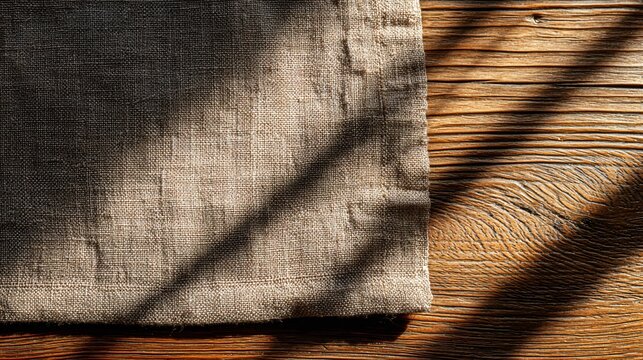 A top-down of linen runner on wooden table, November light pattern