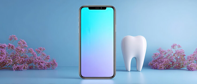 Minimal gradient dental app hero with large smartphone and subtle 3D tooth outline - Powered by Adobe