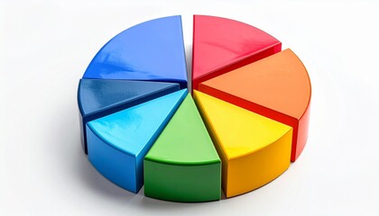 Obraz premium “3D pie chart with eight equal segments in different colors including blue, green, yellow, orange, and red on white background with glossy finish and shadow”