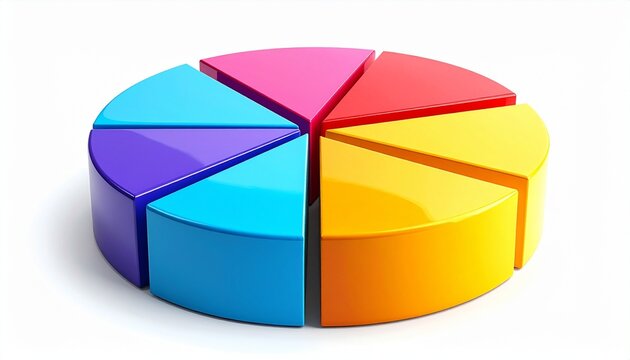 “3D pie chart with eight equal segments in different colors including blue, green, yellow, orange, and red on white background with glossy finish and shadow”
