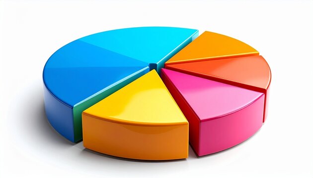 “3D pie chart with eight equal segments in different colors including blue, green, yellow, orange, and red on white background with glossy finish and shadow”