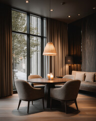 Fototapeta premium Contemporary neutral dining room with round table, four chairs, and candle centerpiece under warm light