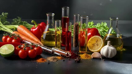 Fresh Vegetables, Spices, and Liquids in Laboratory Glassware on Dark Surface