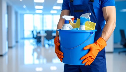 Office Cleaner Carries Cleaning Supplies in Bucket, Maintenance and Hygiene Concept