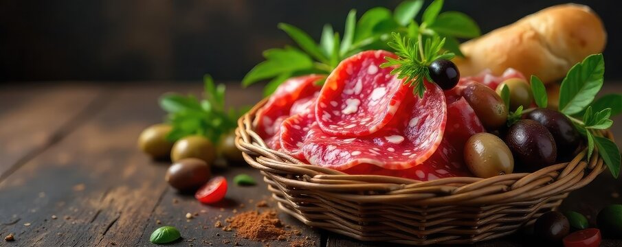 A rustic wicker basket overflowing with various salami types, olives, crusty bread, and fresh herbs Perfect for a gourmet food, Italian, or delicatessen theme , delicious, basket