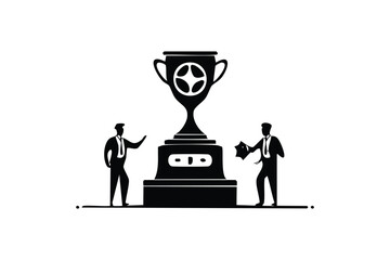 Business Achievement Silhouette Two Men Celebrating Success with Large Trophy