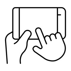 Smartphone horizontally in hand thin line icon, using gadget concept, touchscreen phone with index finger sign on white background, outline style for mobile web design. Vector graphics.