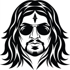 Man with beard and long wavy hair wearing sunglasses appears in a bold black artwork