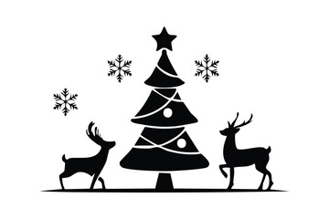 Elegant Christmas Tree and Reindeer Silhouettes with Snowflakes Festive Winter Scene