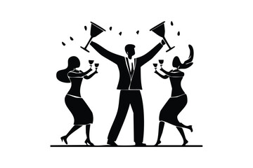 Joyful Party Celebration Silhouette with People Raising Glasses and Cheering