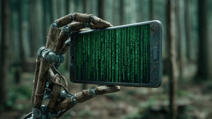 Wooden robotic arm holding smartphone with blank screen in dark forest under green digital rain