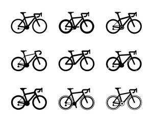 Nine Outline Road Bicycle Icons: Vector Grid Set of Minimalist Black and White Cycling Silhouettes for Race, Fitness, Travel, and Graphic Design Line Art Collection