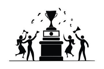 Victorious Celebration Silhouette with People Cheering Around a Grand Trophy