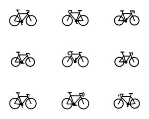 Nine Black Road Bicycle Vector Icons: Grid Set of Classic Bike Silhouettes with Various Details and Thicknesses for Cycling, Sport, Race, and Transportation Graphics