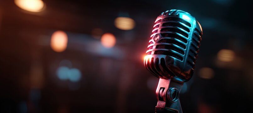 Glowing Microphone in Dimly Lit Club Captures Live Performance Anticipation