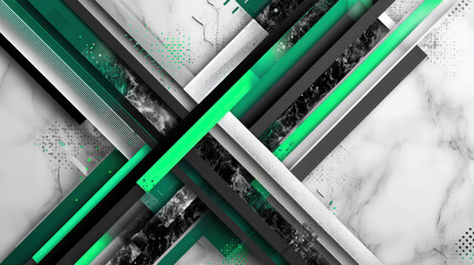 Abstract layered diagonal ribbons with metallic and translucent elements on marble background