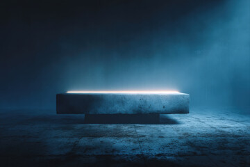 Abstract monolith with glowing central crack and flat top on smoky blue gradient background