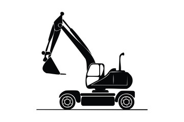 Wheeled Excavator Silhouette Industrial Construction Machine Isolated on Clean White Background