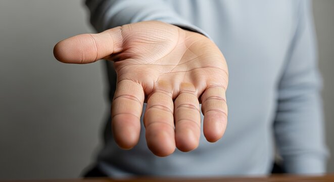 Reaching Out: A detailed shot of an outstretched hand, palm facing forward, embodying an offer, aid, or a simple gesture of giving.