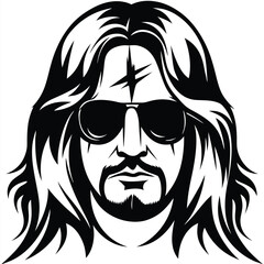 Cool man with sunglasses and long hair looks confidently with a facial scar