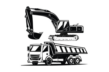 Tracked Excavator and Large Dump Truck Silhouette Heavy Duty Construction Vehicles