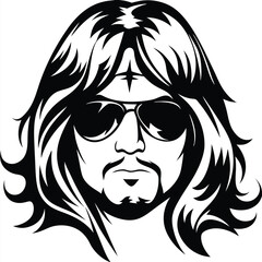 Black haired man portrait with shades and beard shows vintage rockstar appeal