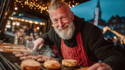 Santa chef grilling holiday sliders at festive food truck on cool evening street
