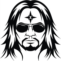 Black and white portrays a man with long hair and glasses confidently