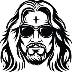 Jesus with sunglasses and a cross on his forehead stares intensely in black